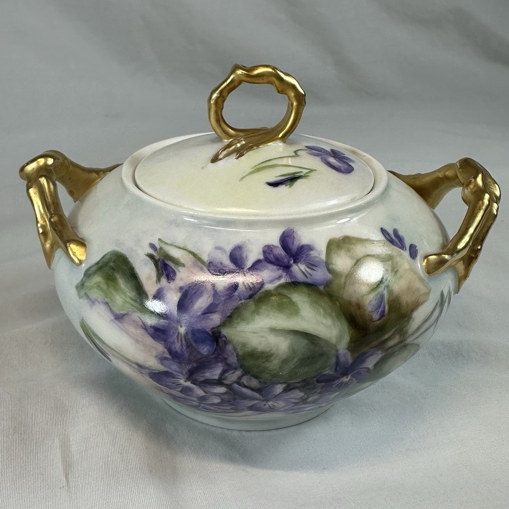 Antique Jean Pouyat Limoges Sugar Bowl JP L France Violets Gilded Twig Handles